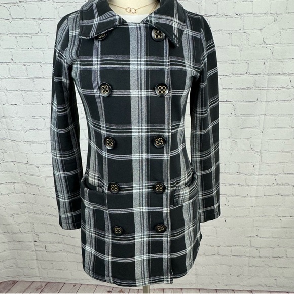 Billabong Jacket Womens Medium Black Plaid Tapered Waist Pea Coat With Pockets - Picture 5 of 16